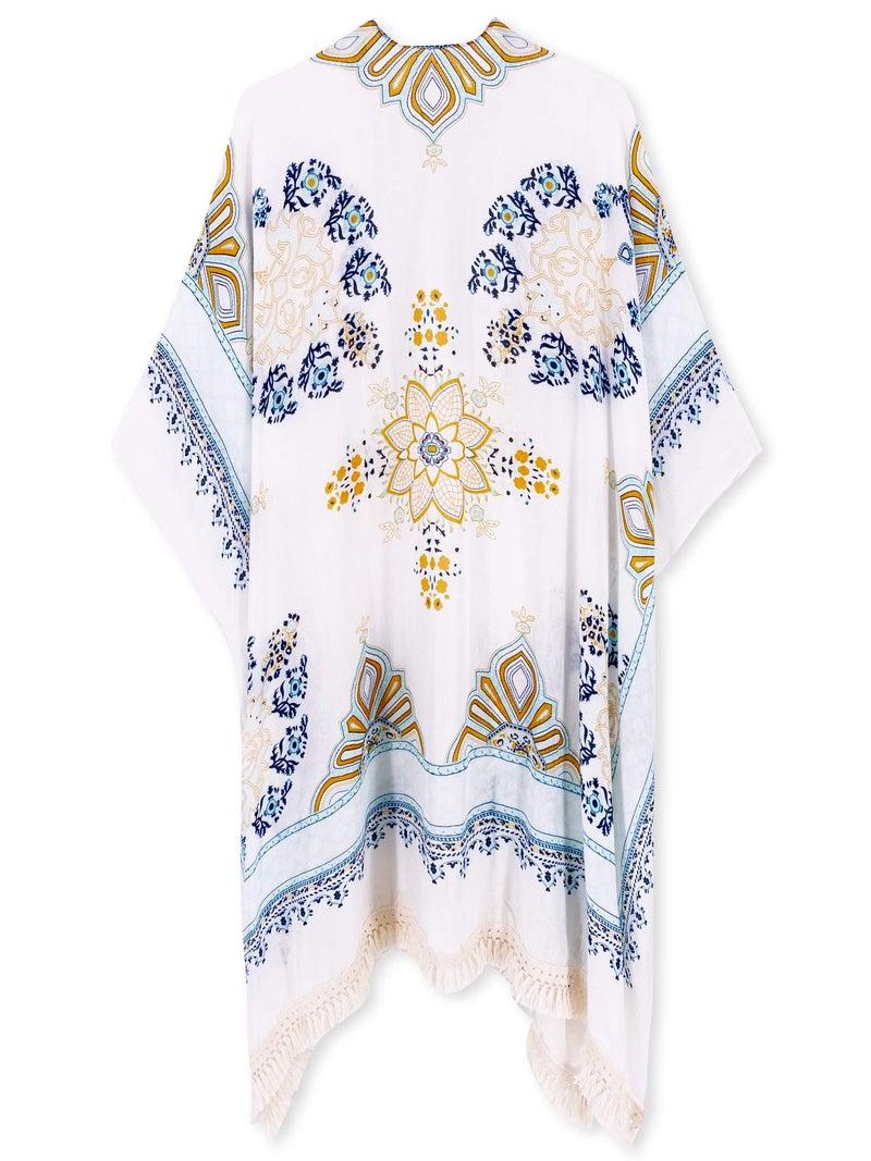 Breezy Lane White Kimonos for Women Swimsuit Coverup Beach Cardigans with Tassel Fringe Floral Print for Summer Vacation - Image 3